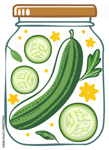 Vibrant illustration of a jar filled with cucumbers, fresh slices, green leaves, and yellow stars