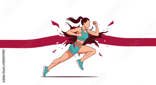 Strong Woman Breaking Through Finish Line Illustration, Concept of Achievement, Victory, and Success in Sports and Fitness, Flat Vector Art