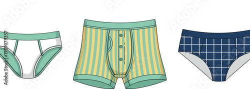 Men underwear set with briefs boxers and patterned shorts comfortable clothing illustration isolated on white background