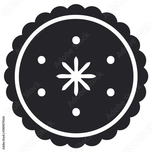Simple black and white icon of a Christmas cookie with a snowflake decoration and scalloped edge