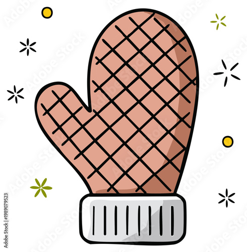 Cute cartoon oven mitt illustration with a grid pattern for kitchen baking and cooking safety