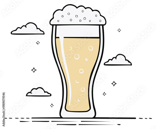 Tall glass filled with golden beer topped with frothy white foam and small bubbles inside