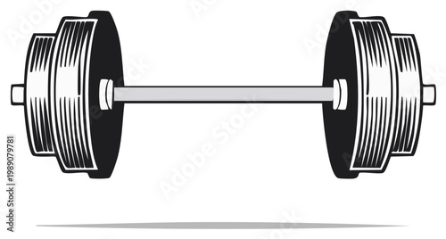 Classic barbell with two heavy weight plates on a white background