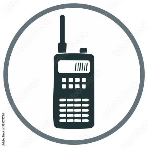 Icon of a hand-drawn walkie-talkie or radio device inside a circle