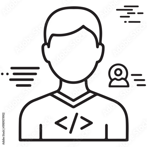 Software Developer Avatar Icon with Coding Symbol and Data Elements Minimalist Line Art Vector Illustration