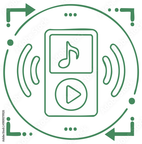 Music player icon with musical note and wireless audio signals
