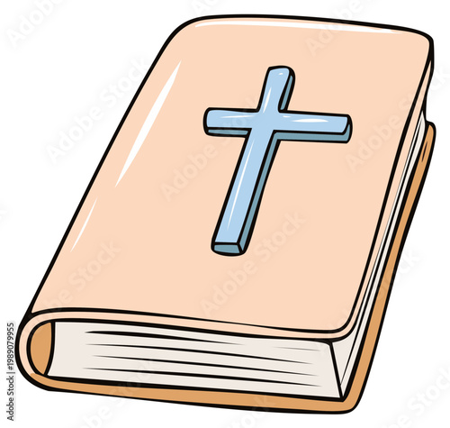 Cartoon illustration of a book with cross symbol representing Christian faith and beliefs