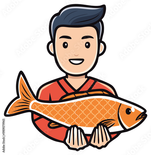 Smiling Cartoon Man Character Holding Large Fresh Orange Fish with Both Hands