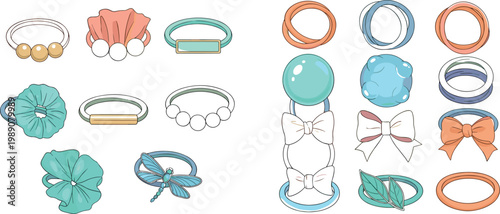 Cute accessories collection with bracelets rings bows flowers and decorative elements in pastel colors fashion vector illustration set isolated