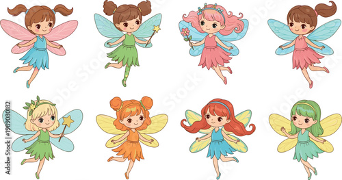 Cute fairy girls set with colorful wings magic wand and different hairstyles cartoon fantasy characters illustration isolated on white background