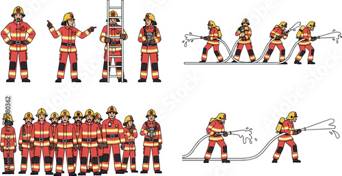 Firefighter characters set with emergency rescue actions hose ladder team and equipment detailed flat vector illustration collection isolated