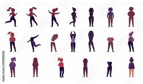 Modern female full body icon silhouettes set with active poses and stylish women figures vector isolated