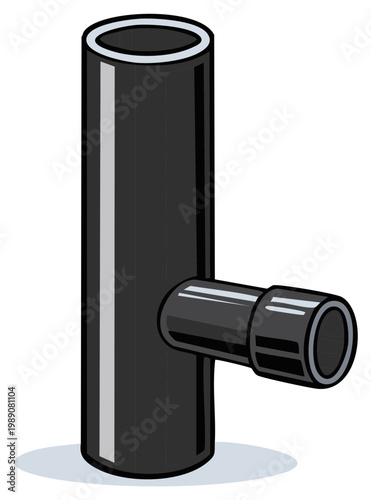 Black plastic T shaped pipe fitting vector illustration for plumbing and industrial pipelines