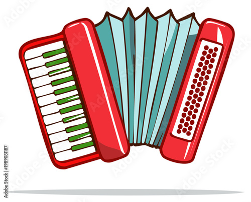 Vibrant red accordion with green piano keys and a light blue bellows