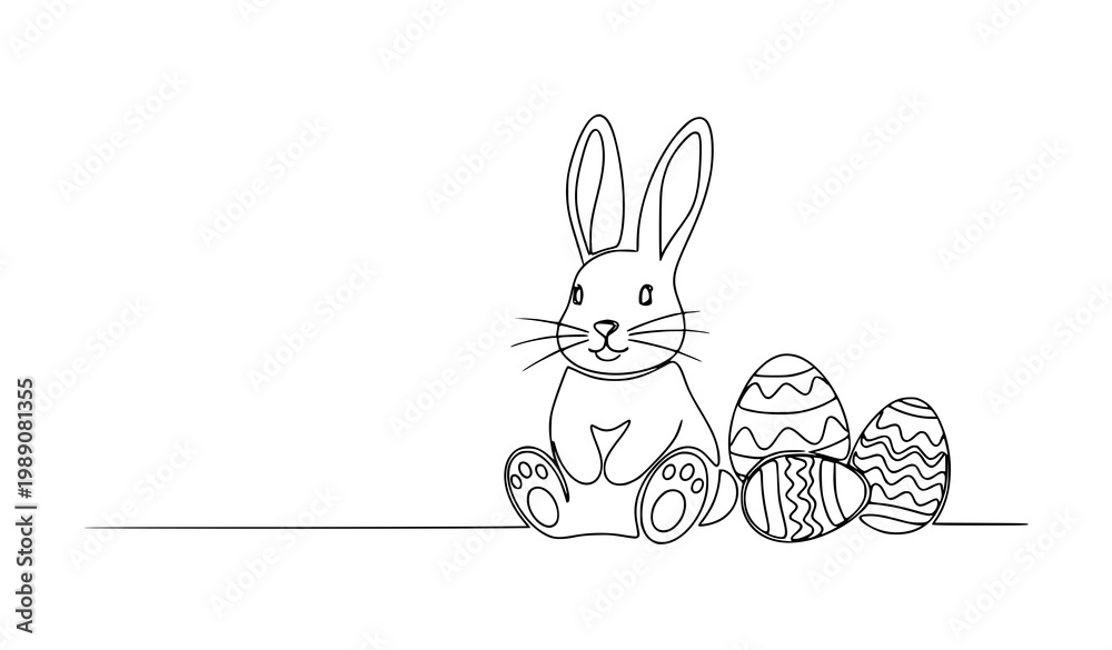 Obraz premium Easter bunny continuous one line drawing vector cute rabbit eggs minimalist holiday outline design