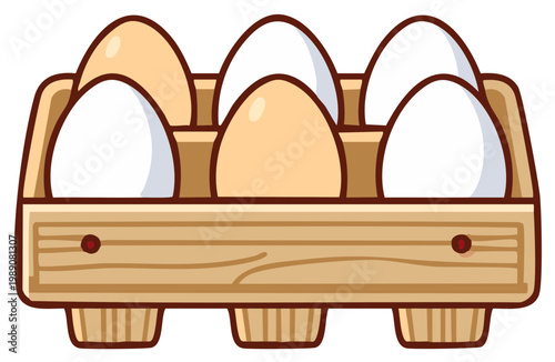 Cartoon Style Eggs in Wood Crate Illustration Different Colored Eggs