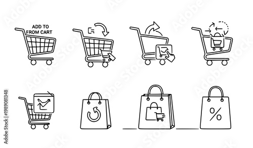 Ecommerce action icons cart and shopping bag vector add to cart checkout outline editable stroke UI set