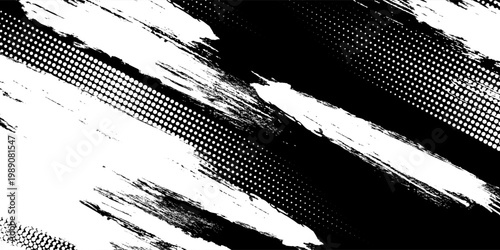 Abstract black and white grunge background with halftone dots and distressed brush strokes. Gritty monochrome vector texture for urban style posters, flyers, and streetwear design.
