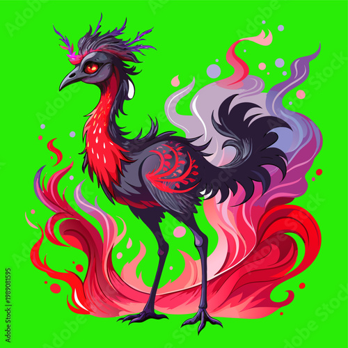 A mystical dark ostrich mascot with a vibrant red neck and ethereal swirling flames, rendered in a sharp fantasy vector style.
