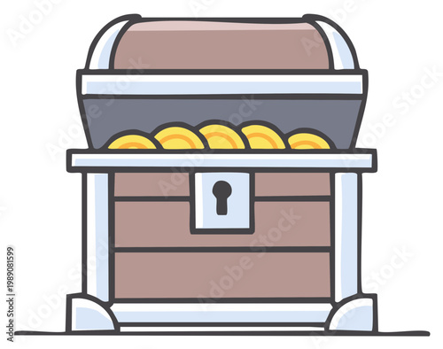 Open wooden treasure chest filled with shiny golden coins concept cartoon style vector illustration.  Pirate loot filled chest drawing for children, animation.