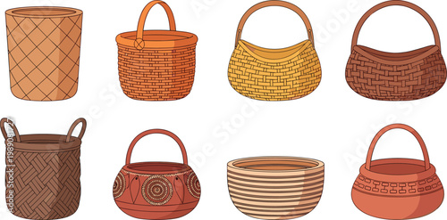Woven basket bag vector set with handmade wicker containers rustic storage handbags and household illustration collection isolated