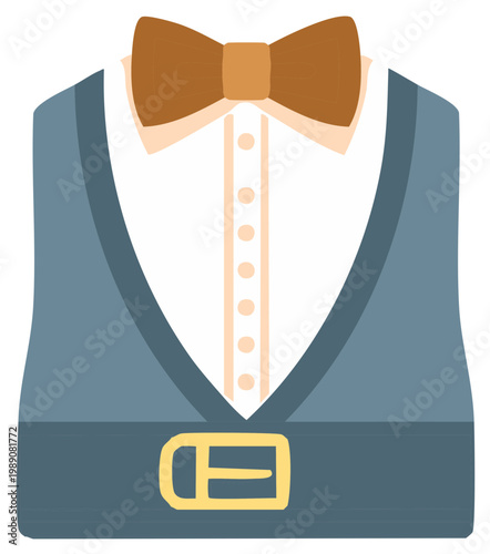 Vector illustration of a classic gentleman outfit with a blue vest brown bow tie and shirt
