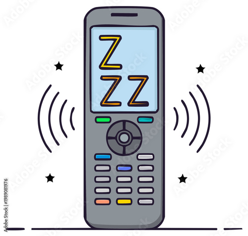 Doodle illustration of a remote control with ZZZ text indicating sleep mode and wireless signal waves
