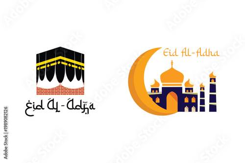 Kaaba And Mosque Eid Mubarak. Eid Al adha Concept Icon. Vector Icon graphic illustration