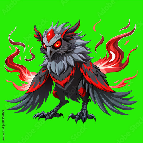 A formidable dark Vulture mascot featuring glowing red eyes and majestic fiery wings, designed with sharp vector lines against a vibrant green screen backdrop.