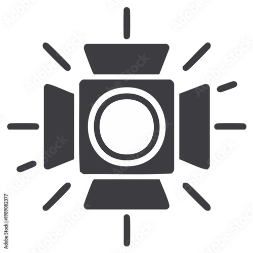 Studio spotlight with barn doors glyph icon shining for cinema or theater production
