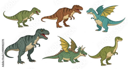 Collection of Diverse Dinosaur Illustrations on White Background.