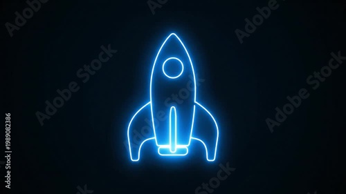 A glowing blue neon illustration of a rocket ship blasts off into the dark space.
