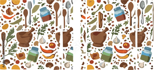 Kitchen Tools and Spices Icon Set Featuring Mortar, Pestle, Herbs, and Seasonings for Cooking, Food, and Culinary DesignsKitchen Tools and Spices Icon Set Featuring Mortar, Pestle, Herbs, and Seasonin