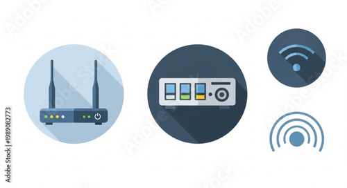 Wireless Router and Network Equipment Icons.
