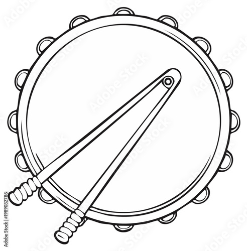 Top view illustration of a tambourine and drumsticks ready for musical performance