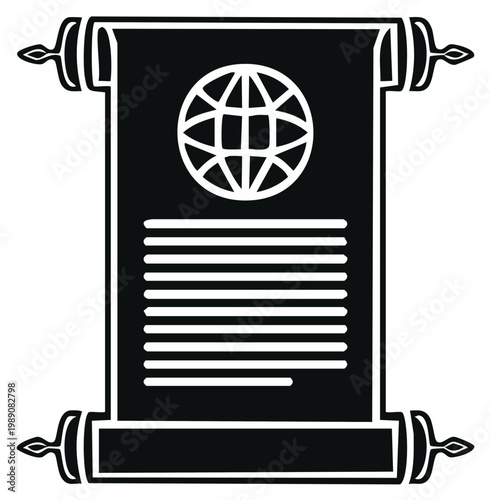 Ancient scroll with a globe icon representing an international treaty or world history document