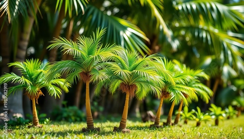 Miniature coconut palms in vibrant green, thriving in a sunny tropical setting,   potted palm,   vibrant green