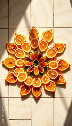 Playful arrangement of circular fruit slices creating a modern, colorful mandala on a tiled surface,  snack art,  creative food styling
