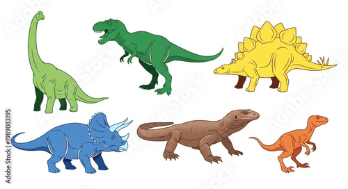 Collection of Six Different Cartoon Dinosaurs on White Background.