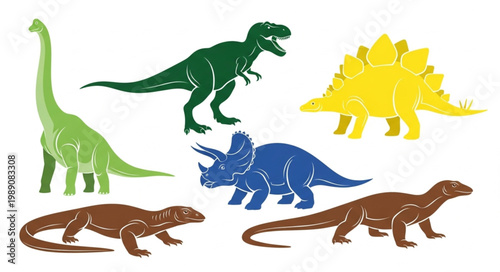 Collection of colorful dinosaur illustrations in various poses.