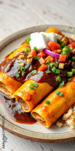 Vibrant platter of authentic enchiladas with rich mole sauce and fresh toppings,  plated,  lunch