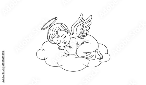 Quadro su tela Sleeping baby angel outline vector on cloud with halo elegant line art for spiri