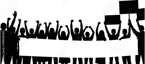 Silhouette of a crowd of people protesting, holding a large blank banner, with signs, at a political demonstration, vector illustration.