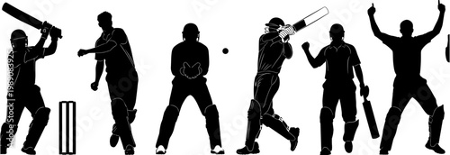 Set of cricket player silhouettes including batsman hitting ball, bowler, and fielder, athletic sports action poses isolated on white background, vector.