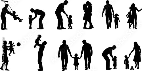 Set of happy family silhouettes with parents and children playing, walking together, and showing love, isolated flat vector illustration for lifestyle.