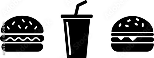 3 sets of vector icon of fast food, a burger and a drink in black color on a white background. flat design
