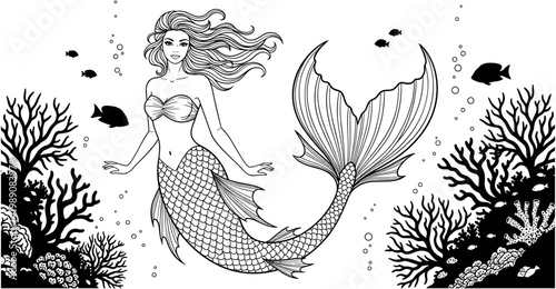 Beautiful mermaid swimming underwater with coral reefs and fish, detailed line art illustration for coloring book and mystical ocean designs.