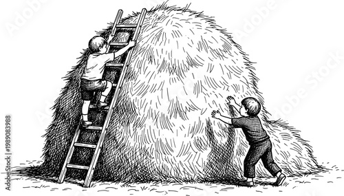 Vintage hand drawn sketch of two boys playing on a haystack, one climbing a wooden ladder, rural farm life illustration.