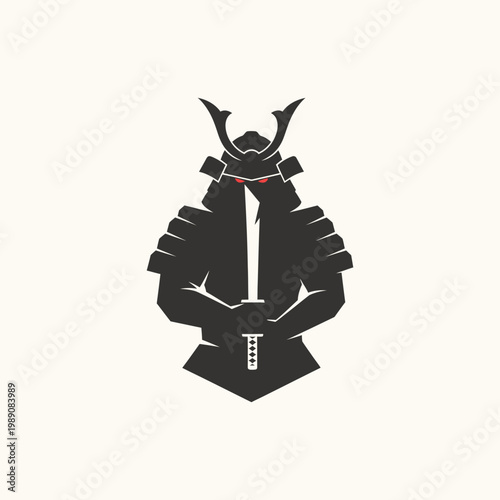Samurai Warrior Silhouette with Glowing Red Eyes and Katana Sword Mascot Logo