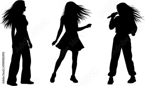 Set of female singer silhouettes performing on stage, young women dancing and singing with microphone, isolated flat vector illustration, music.